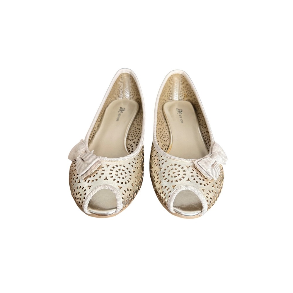 SM New York Womens Champagne Gold Metallic Laser Cut Peep Toe Wedge Shoes 8